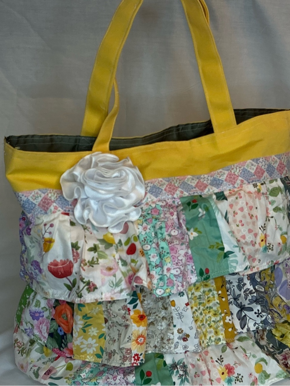 2032 - Handmade Yellow Floral Ruffled Tote with White Rosette
